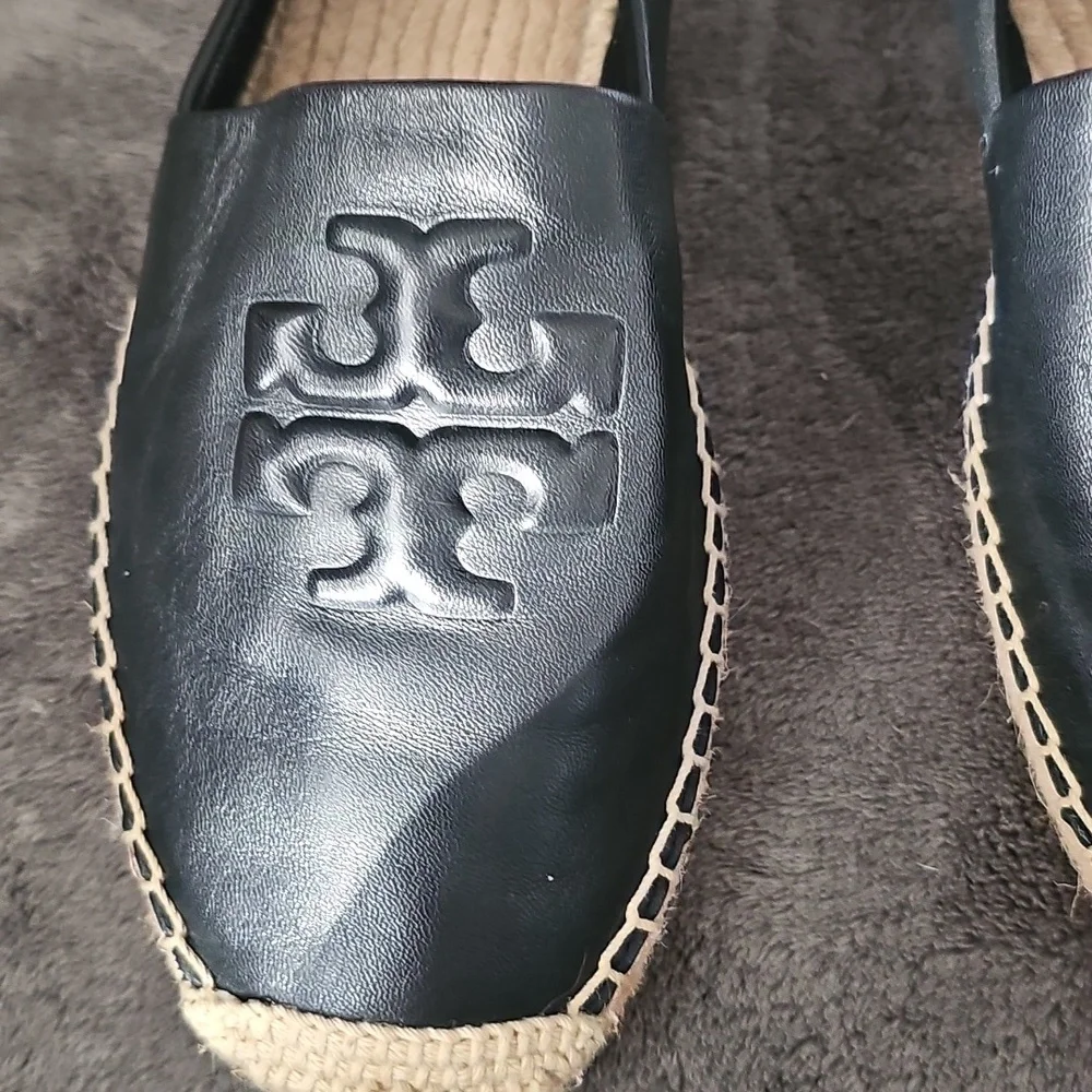 Tory Burch Black Leather Espadrille Slip-Ons - Picture 2 of 9
